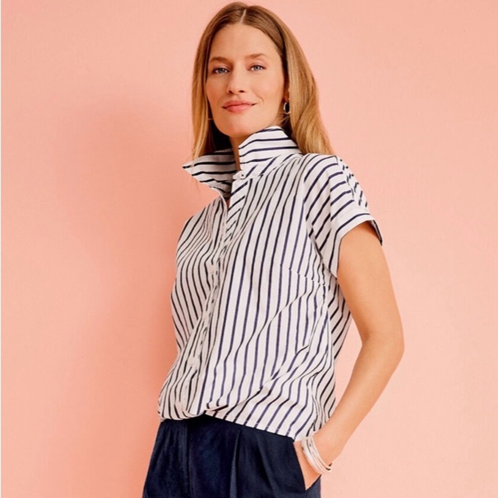 Talbots Twist Hem Navy & White Nautical Stripes Cotton Button-Down Shirt, S